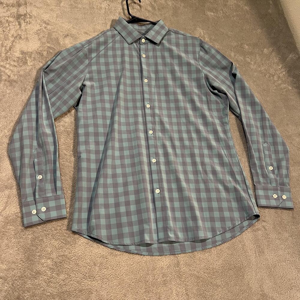 Mizzen+Main Leeward Shirt Mens Large Trim Fit Blue Gray Check Dress Performance